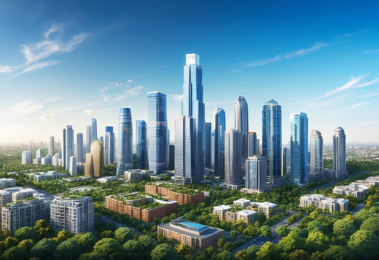 A bustling city skyline with modern skyscrapers and vibrant real estate developments, surrounded by lush greenery and a backdrop of clear blue skies