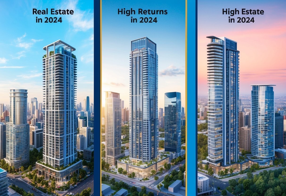 A bustling city skyline with three distinct high-rise buildings, each representing a different real estate market.</p><p>The buildings stand tall and modern, symbolizing the potential for high returns in 2024