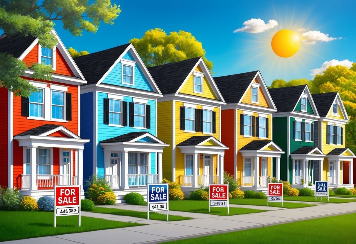 A row of colorful houses with "For Sale" signs, surrounded by trees and a sunny sky