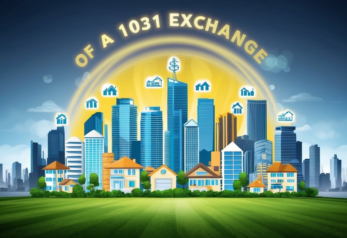 A bustling city skyline with various real estate properties and investment symbols, surrounded by a glowing aura representing the tax benefits of a 1031 exchange