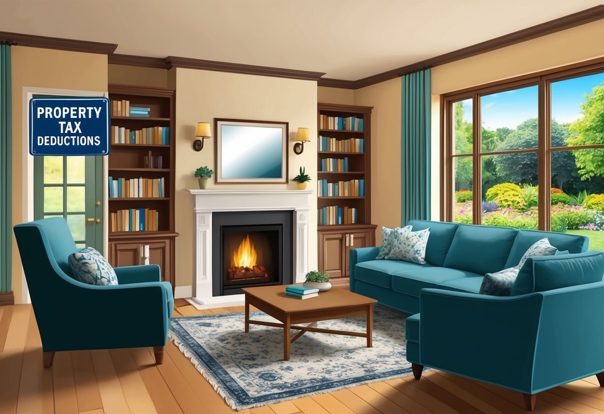 A cozy living room with a fireplace, bookshelves, and comfortable furniture.</p><p>A large window overlooks a lush garden and a sign outside reads "Property Tax Deductions."