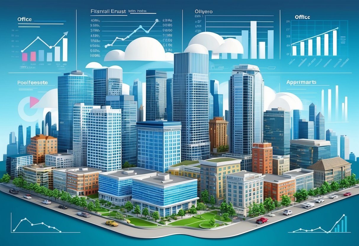 A bustling city skyline with various real estate properties, including office buildings, apartments, and retail spaces, surrounded by financial charts and graphs