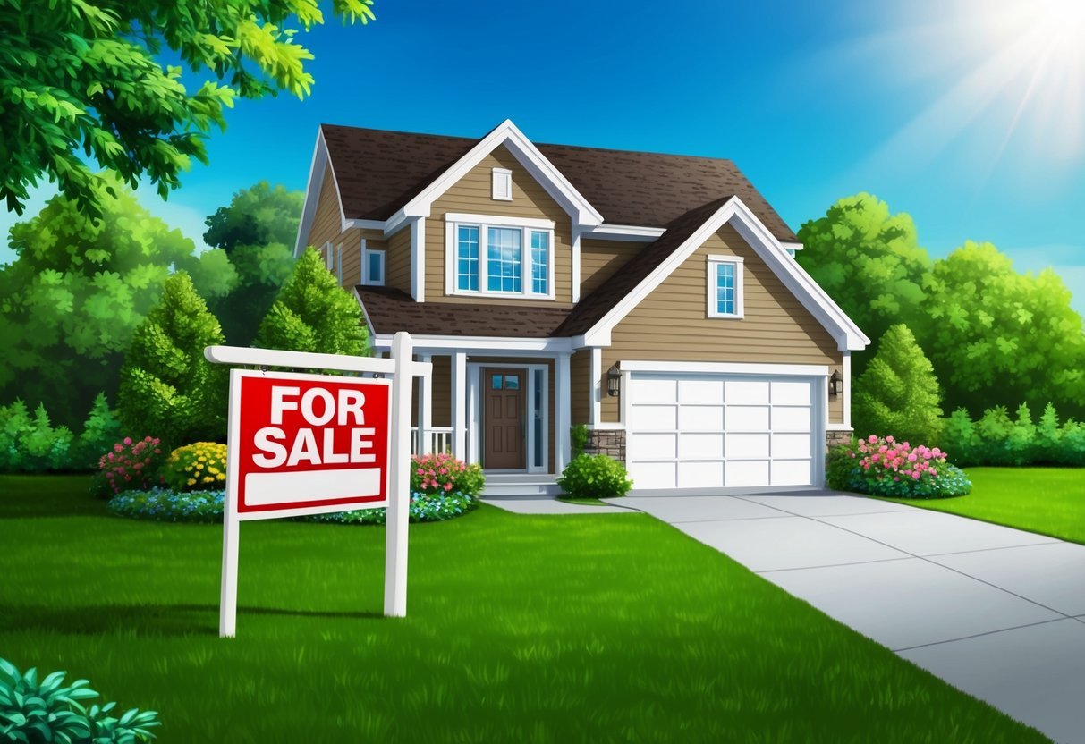 A family home with a "For Sale" sign in the front yard, surrounded by lush greenery and a clear blue sky, symbolizing the tax benefits of investing in real estate