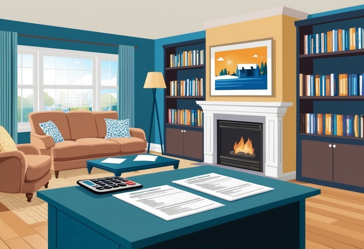 A cozy living room with a fireplace, comfortable furniture, and a bookshelf filled with real estate investment books.</p><p>A desk with a calculator and paperwork for tax deductions