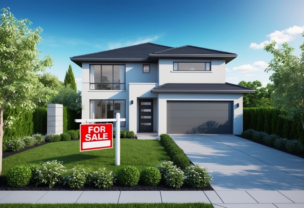 A modern real estate property surrounded by greenery and under a clear blue sky, with a "For Sale" sign in the front yard