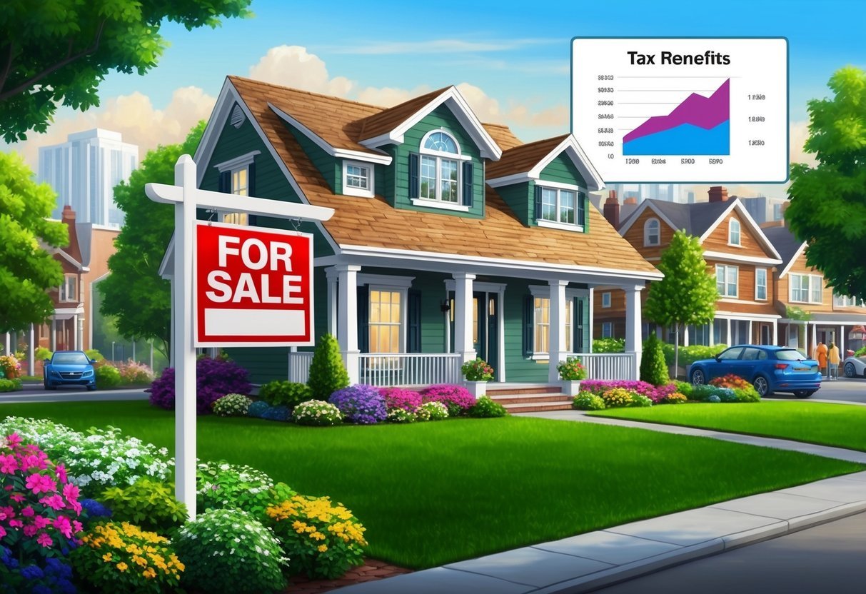 A house with a "For Sale" sign in front, surrounded by a flourishing garden and a bustling neighborhood, with a chart showing tax benefits in the background