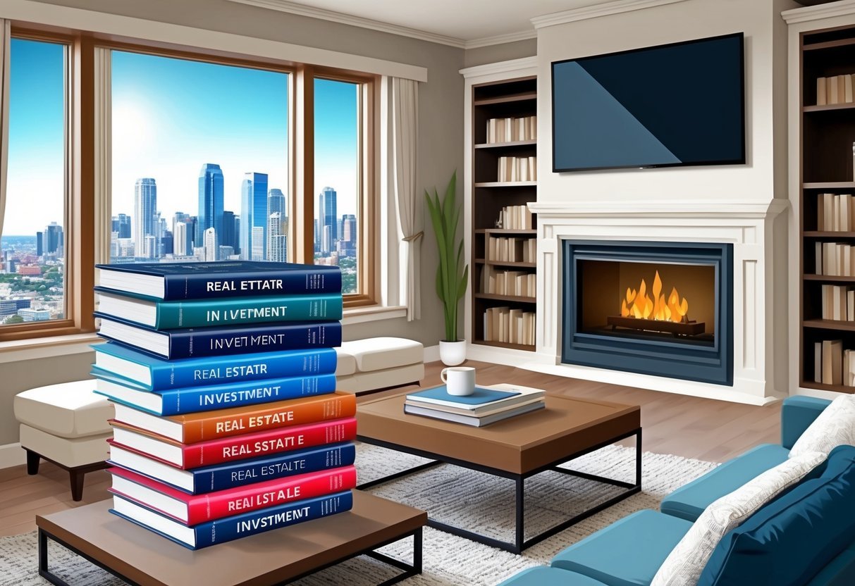 A cozy living room with a fireplace, bookshelves, and a large window overlooking a city skyline.</p><p>A stack of real estate investment books sits on the coffee table