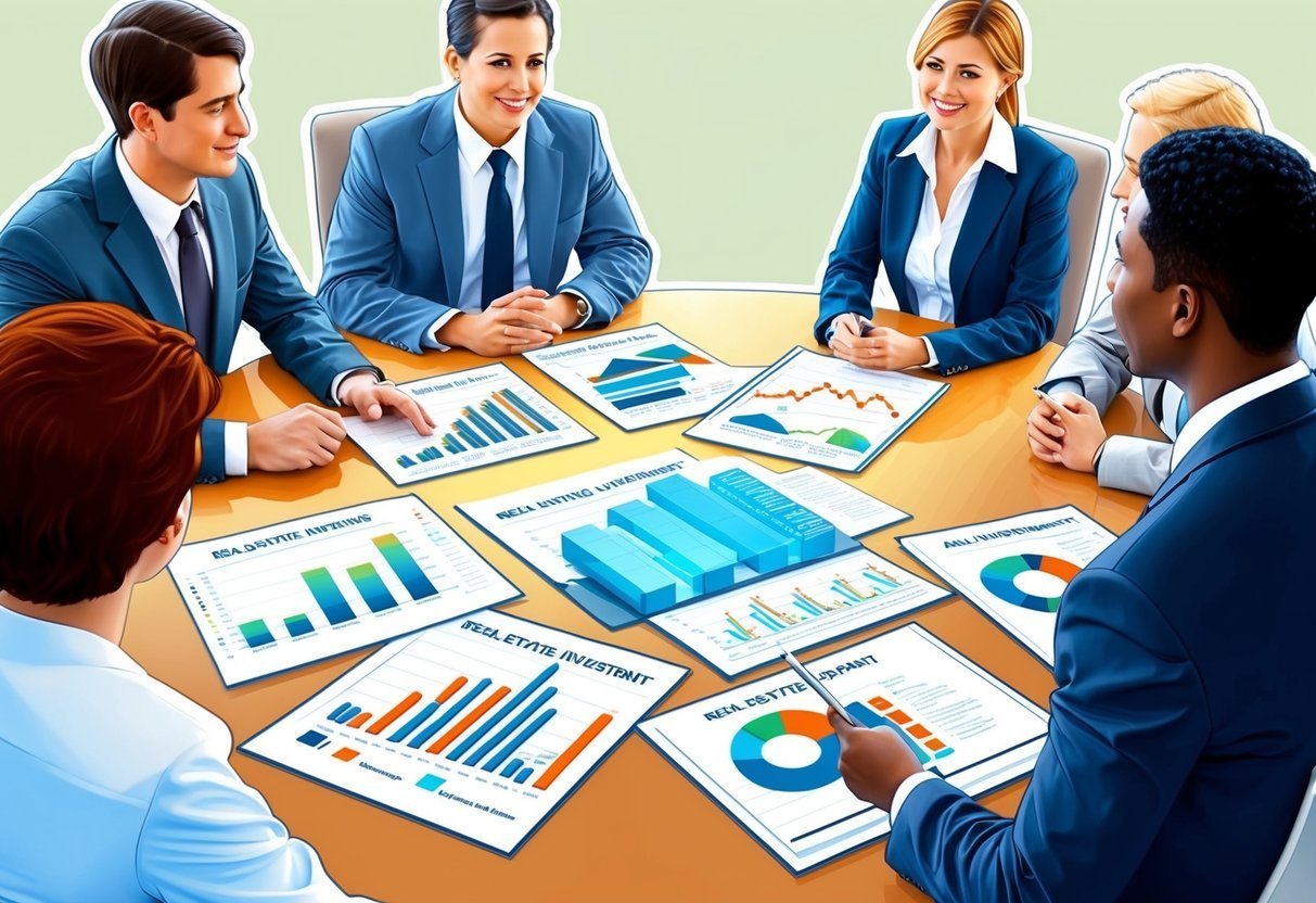 Business team reviewing financial reports around a conference table