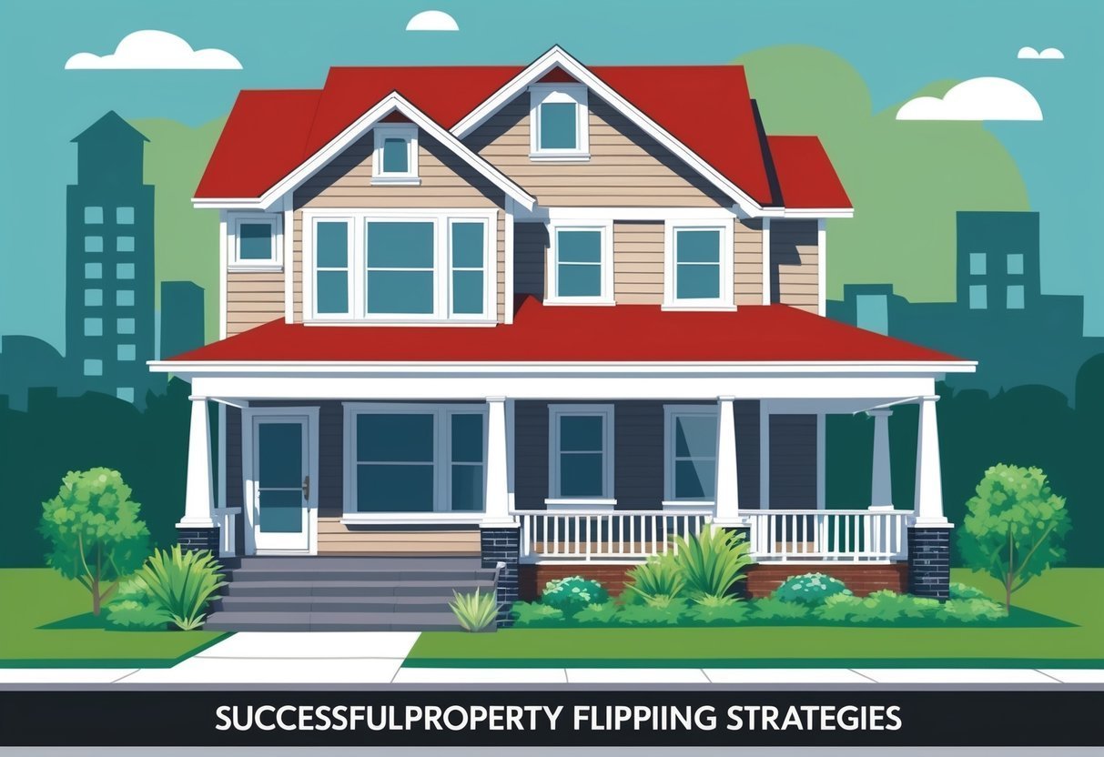 Illustration of a house with red roof, porch, and text "Successful Property Flipping Strategies"