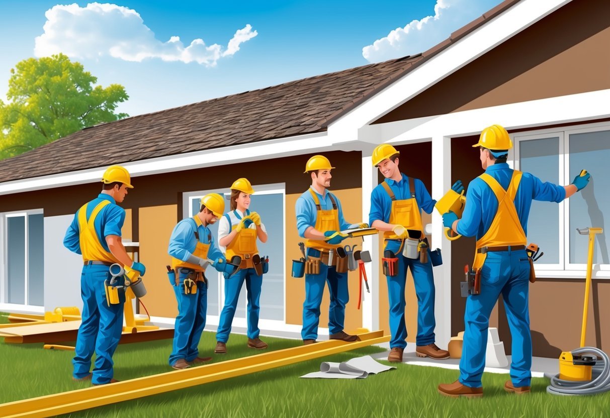 A group of contractors working together on a property renovation, using tools and equipment to improve the building's appearance and functionality