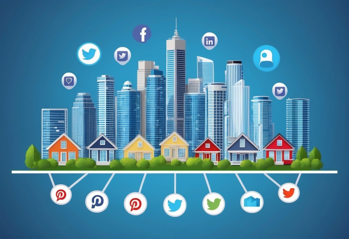 A modern city skyline with various properties being flipped, surrounded by social media icons and marketing graphics