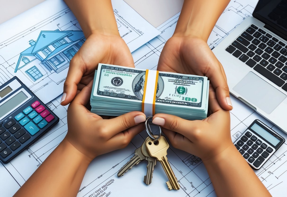 A pair of hands holding a stack of cash and a set of keys, surrounded by blueprints, calculators, and a laptop, with a house in the background