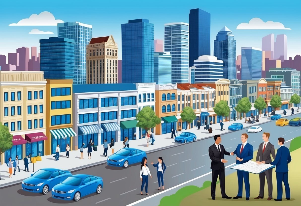 Cityscape with buildings, cars, and business people discussing plans