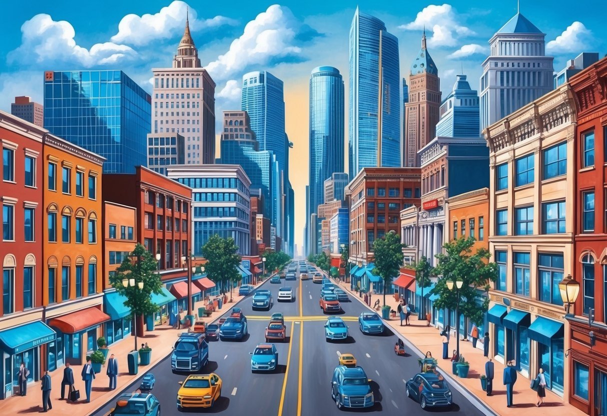 A bustling city skyline with various commercial buildings, bustling streets, and people engaged in business activities