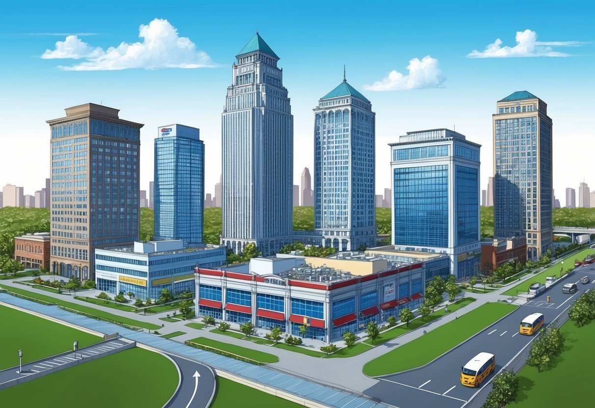 A city skyline with various commercial buildings, including offices and retail spaces, with clear pathways and transportation options nearby