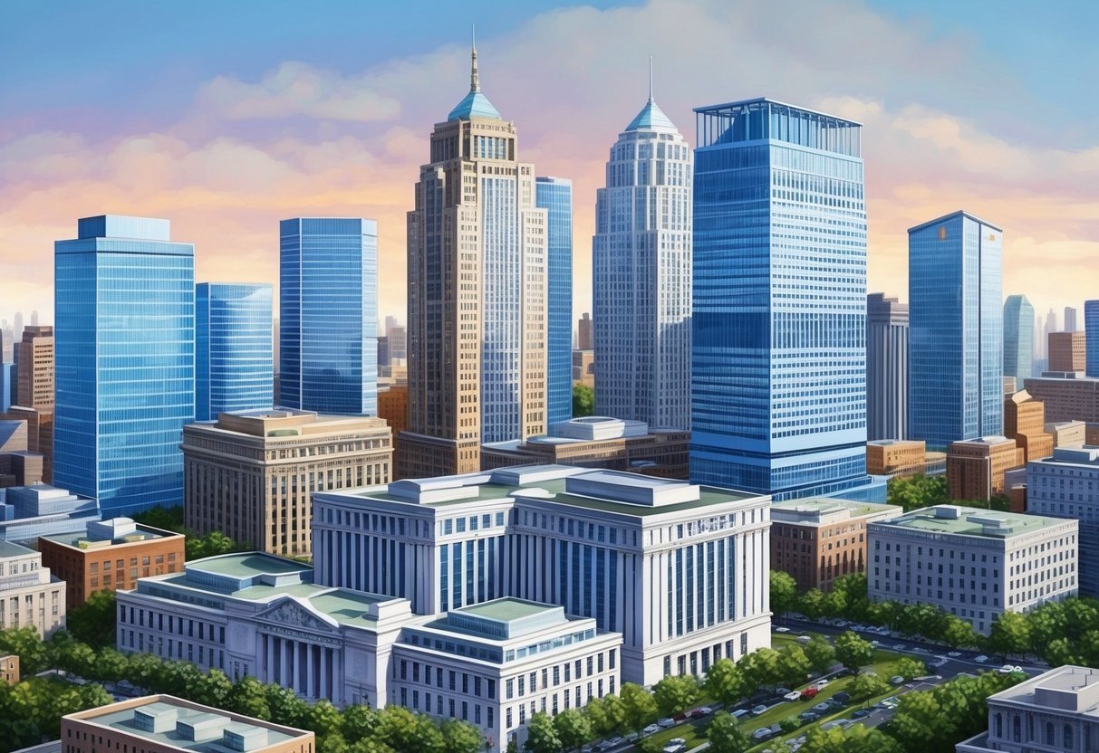 A bustling cityscape with skyscrapers and office buildings, featuring a mix of modern and traditional architecture, with a prominent bank or financial institution in the foreground