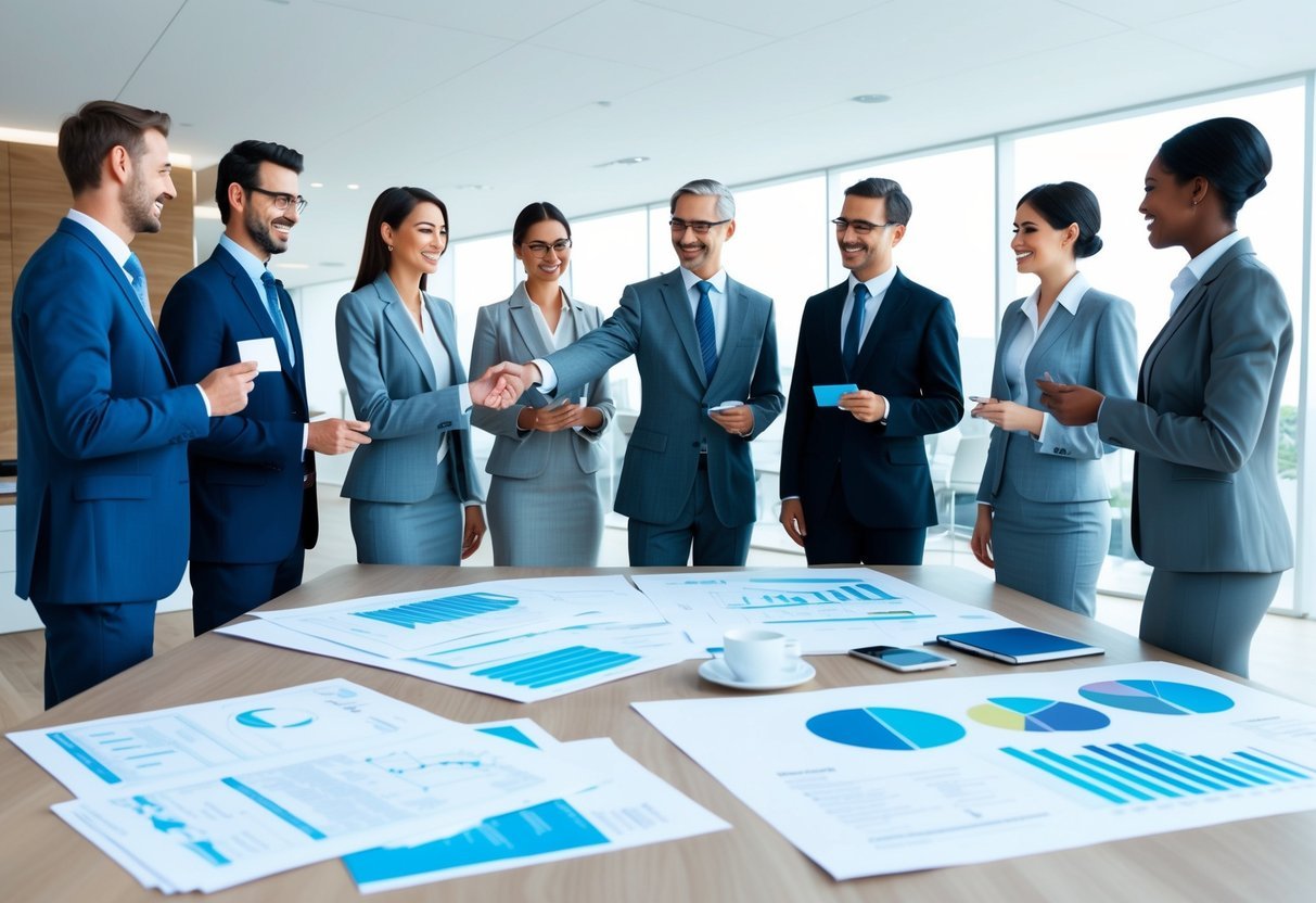 A group of professionals gather in a modern office setting, engaged in conversation and exchanging business cards.</p><p>A large table displays architectural blueprints and financial documents