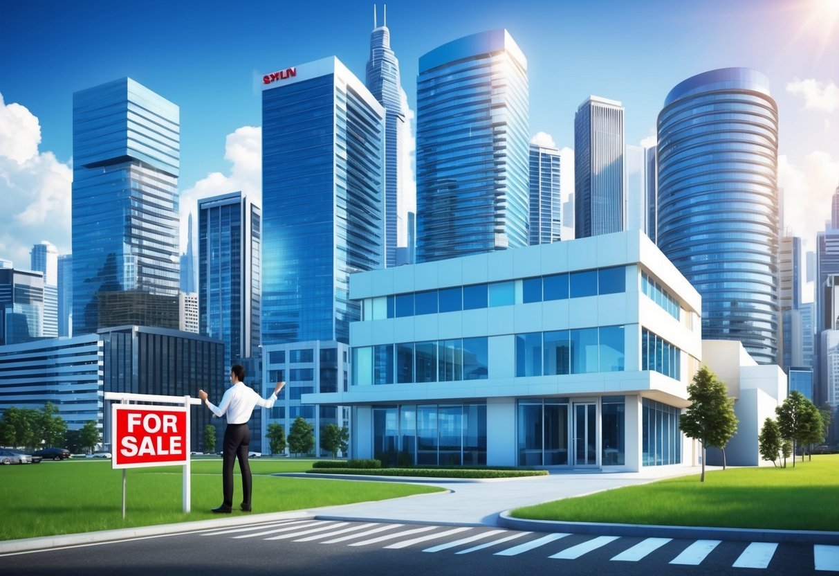 A bustling cityscape with skyscrapers and office buildings, a "For Sale" sign in front of a modern commercial property, and a real estate agent showing the space to potential buyers