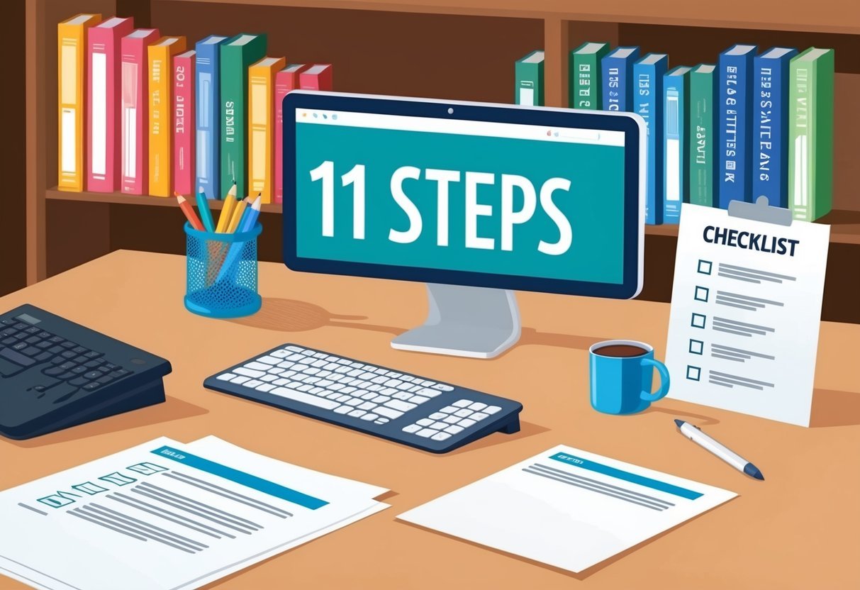 A desk with a computer, papers, and a checklist of 11 steps.</p><p>A bookshelf in the background with real estate law books