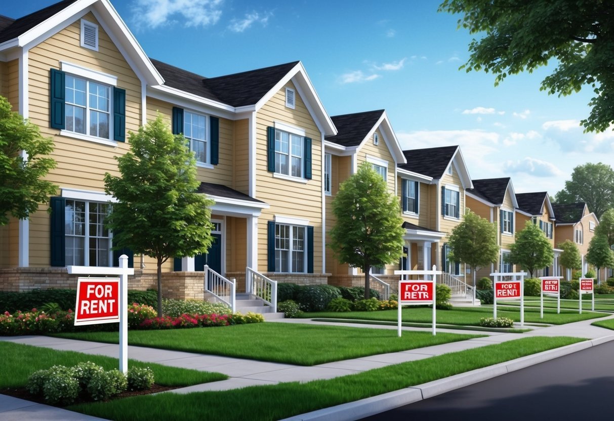 Row of houses for rent with "For Rent" signs on the lawns