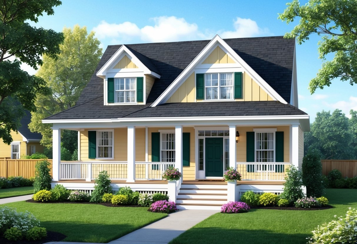 Yellow house with green shutters, porch, and landscaped front yard