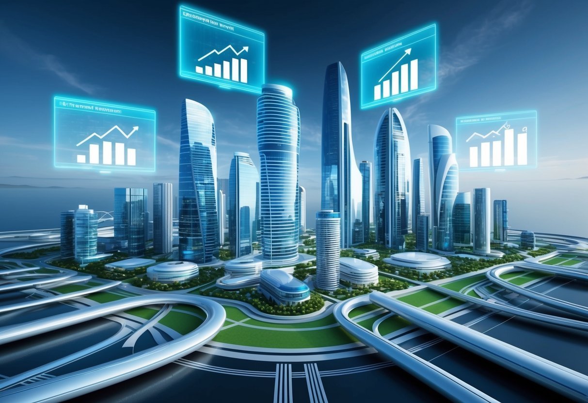 Futuristic city with skyscrapers, roads, and financial data charts in the sky