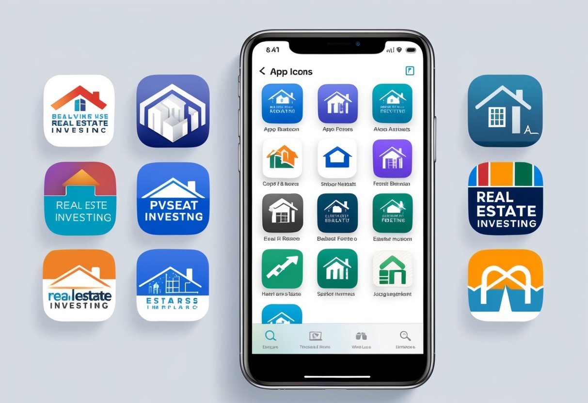 A modern smartphone displaying 10 app icons related to real estate investing, with each app's logo clearly visible