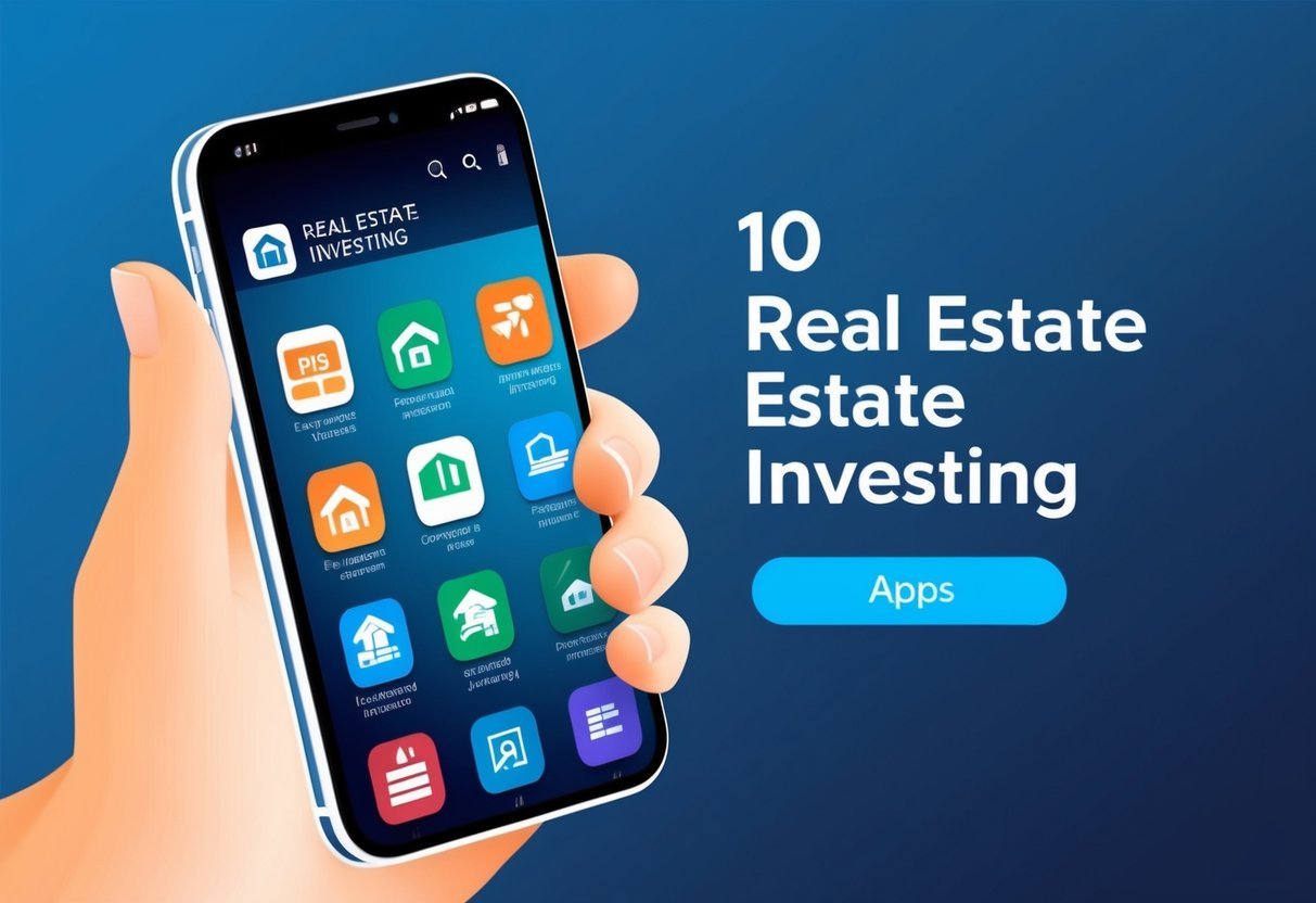 A smartphone displaying 10 app icons related to real estate investing, with a sleek and modern interface