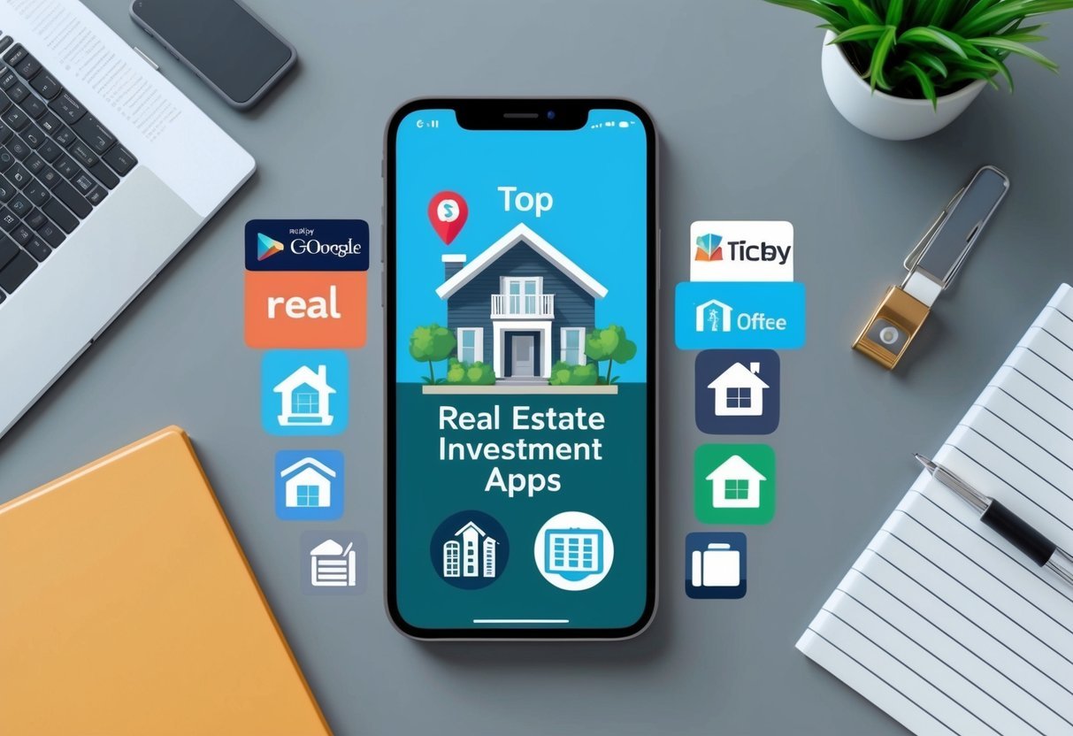 A modern smartphone displaying the top real estate investment apps, surrounded by a sleek desk and office supplies