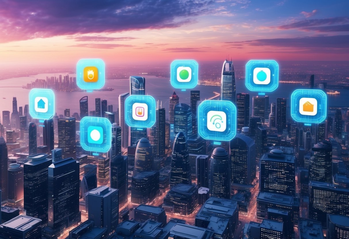 A futuristic city skyline with holographic app icons floating above buildings