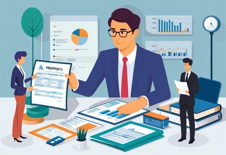 Business team reviewing "Property" documents with charts and graphs