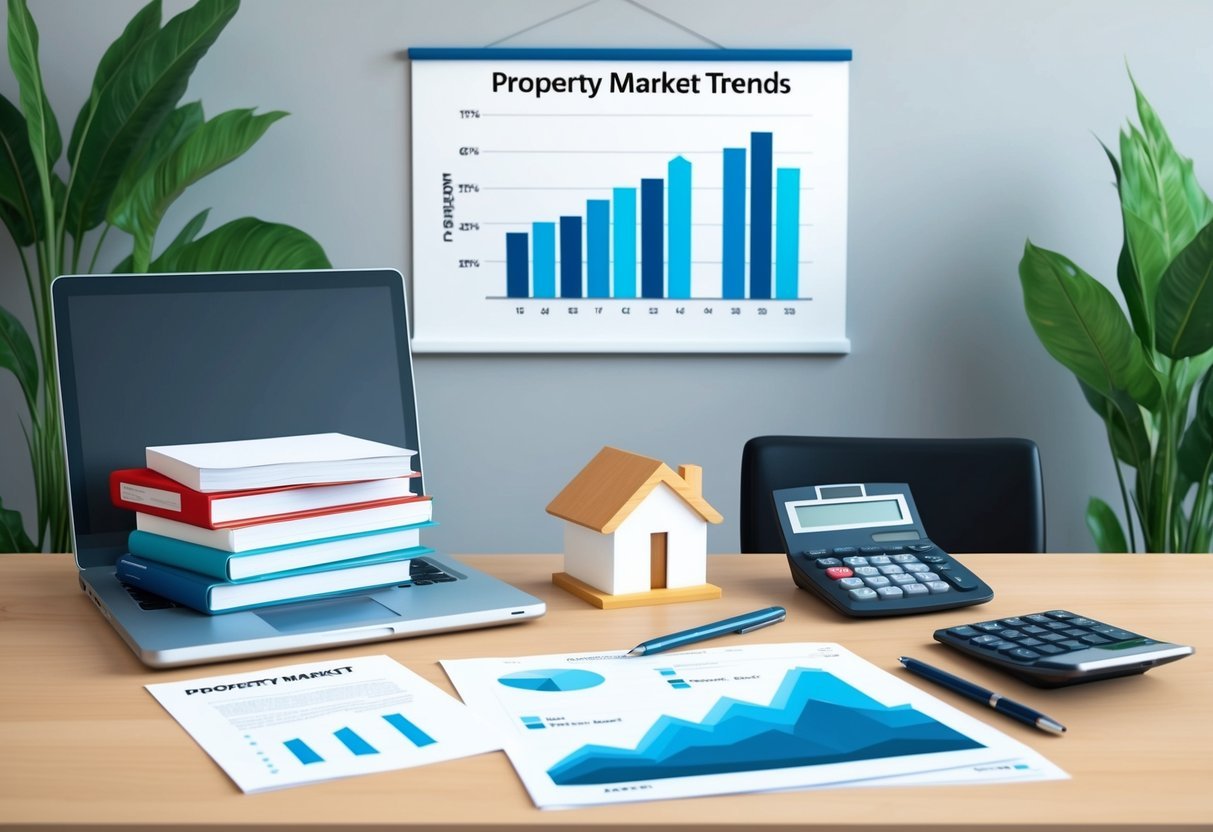 A desk with a laptop, papers, and a pen.</p><p>A stack of books on real estate and a calculator.</p><p>A chart on the wall showing property market trends