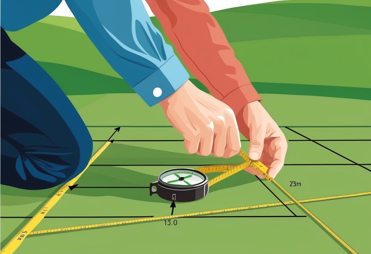 A person using a compass and tape measure to survey a plot of land, marking boundaries and taking measurements