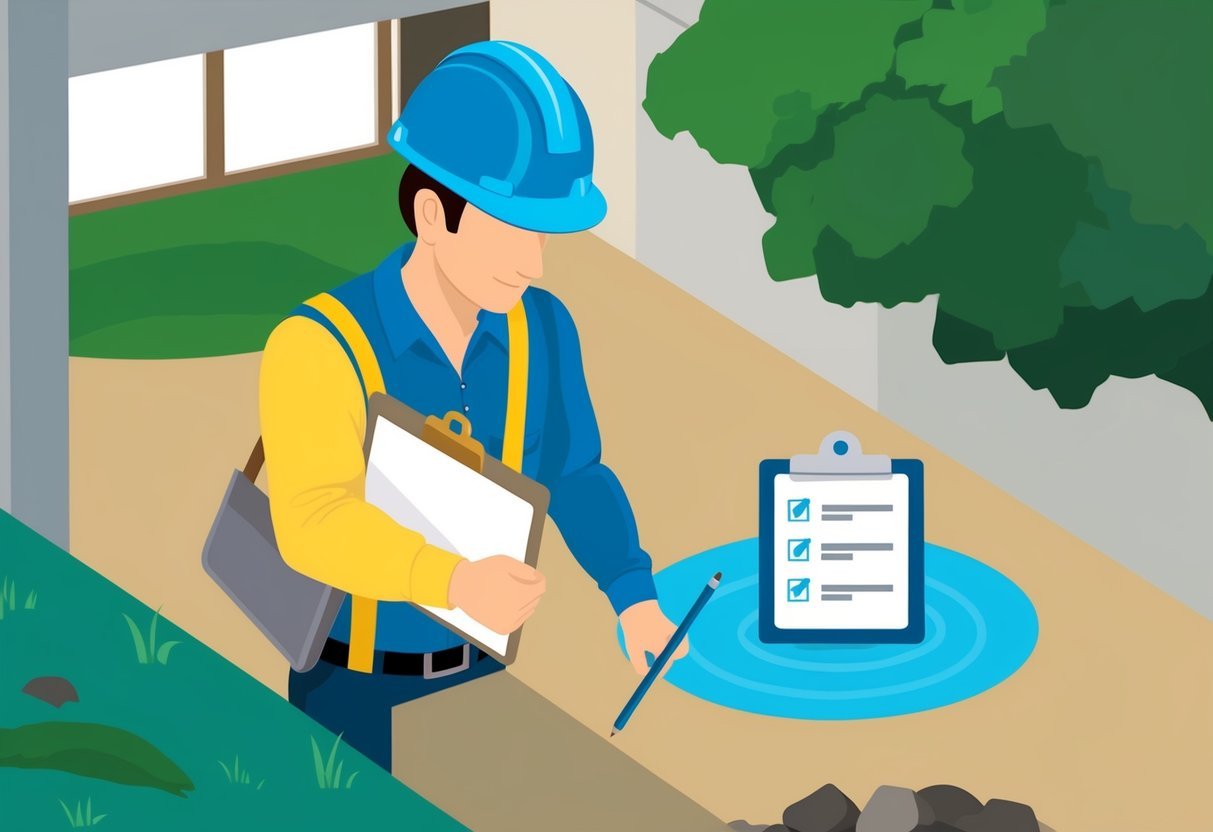 A person wearing a hard hat and holding a clipboard surveys a property, examining soil, water, and air quality, as well as potential hazards such as asbestos or lead paint