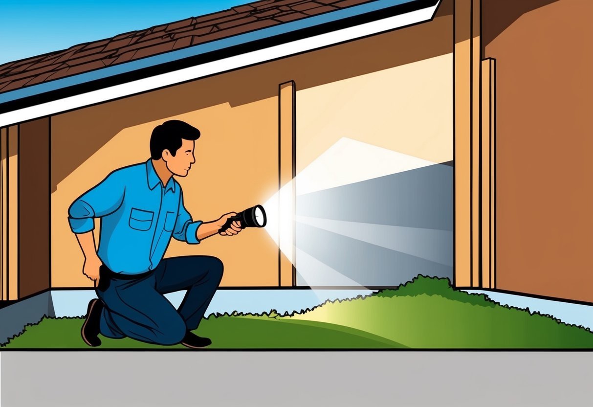 A person examining a property, using a flashlight to inspect the foundation, walls, and roof for any signs of damage or deterioration