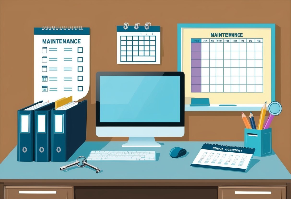 A well-organized office with files, a computer, and a calendar.</p><p>Keys and a rental agreement on the desk.</p><p>A maintenance checklist on the wall