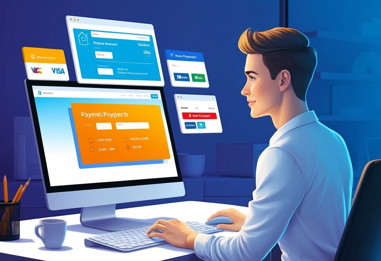 A property manager at a computer, processing online payments for rental properties.</p><p>Multiple payment options displayed on the screen