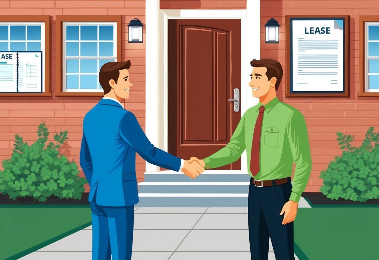 A landlord and tenant shaking hands in front of a well-maintained rental property, with clear and visible lease agreements framed on the wall