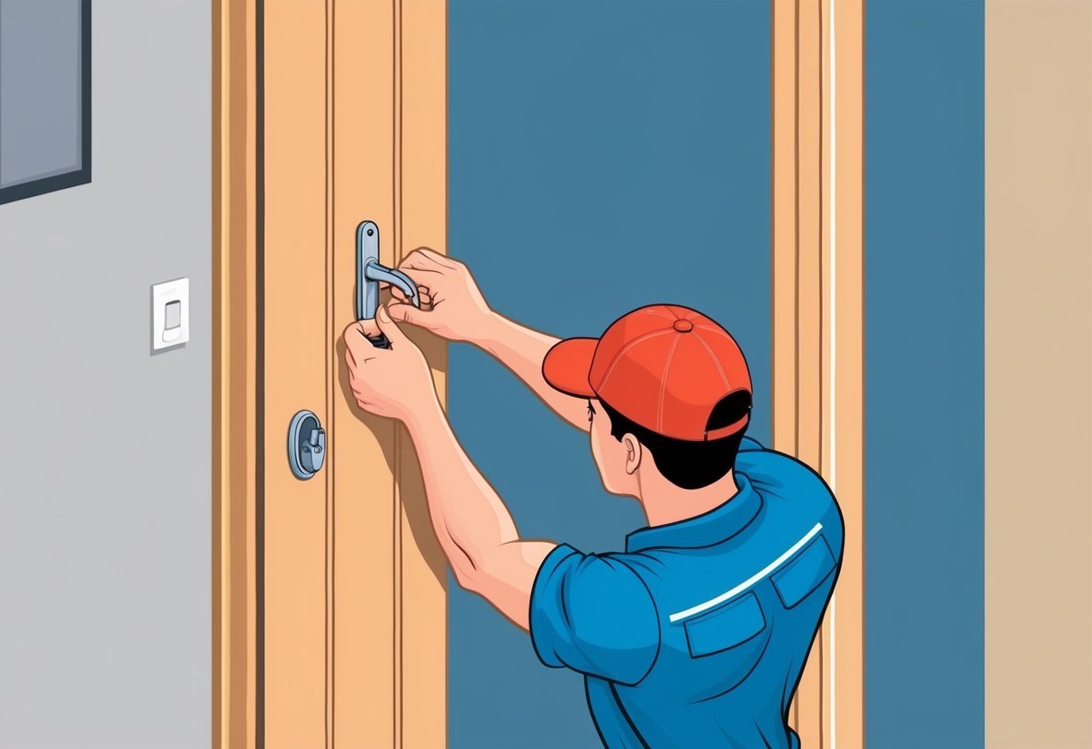 A maintenance worker quickly fixing a broken door handle in a tidy rental property