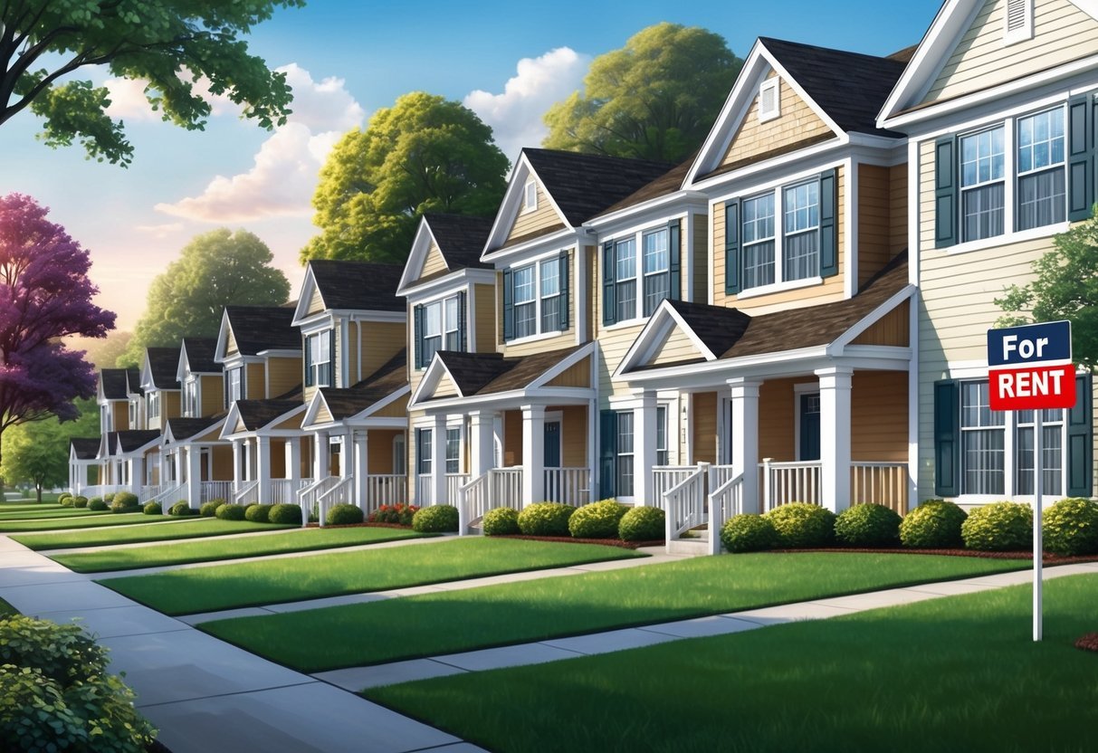 A row of well-maintained rental properties with "For Rent" signs, nestled in a neighborhood with manicured lawns and mature trees