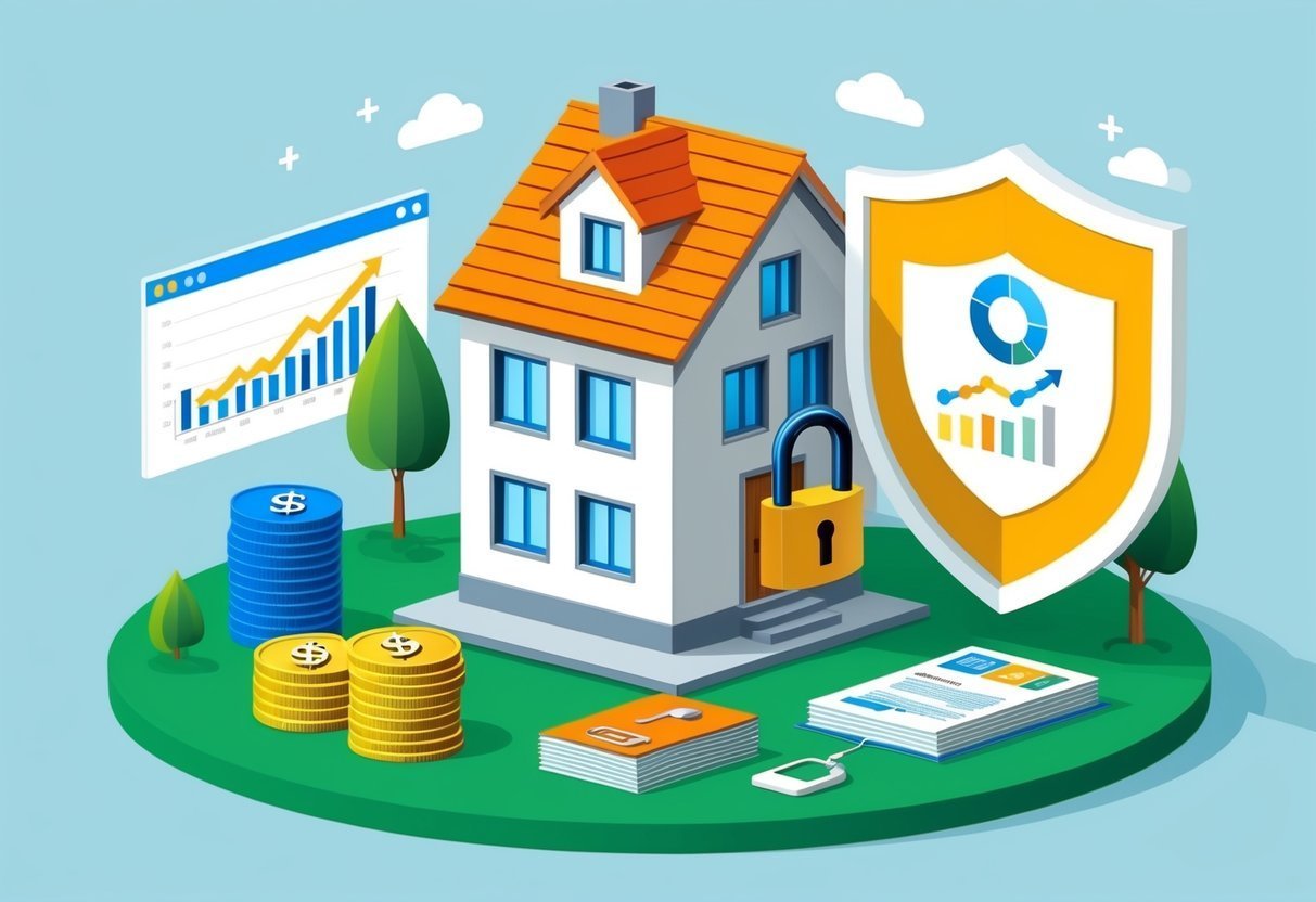 House with lock, shield, money, and graphs, representing home investment and security