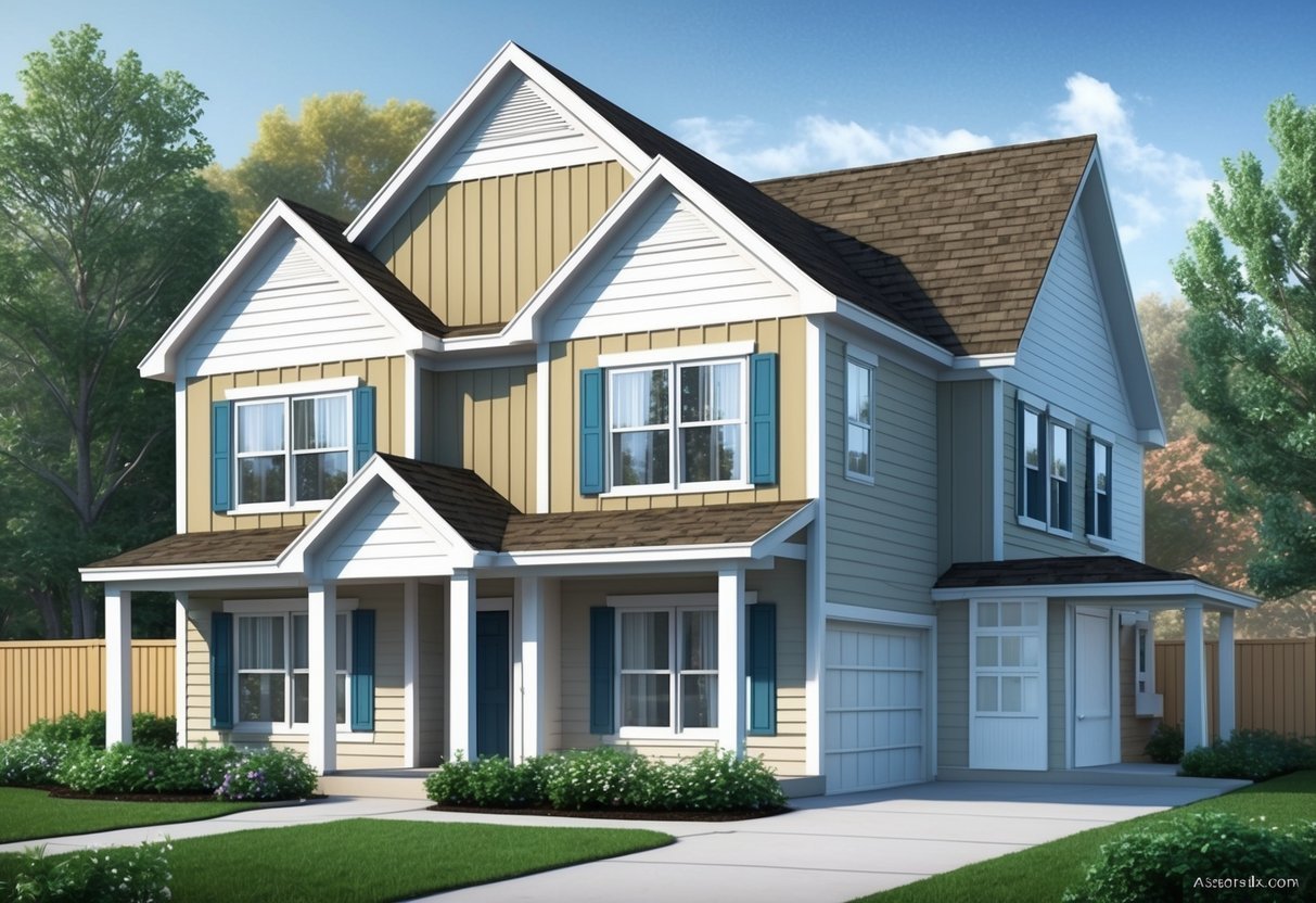 Two-story house with blue shutters, brown roof, and a garage