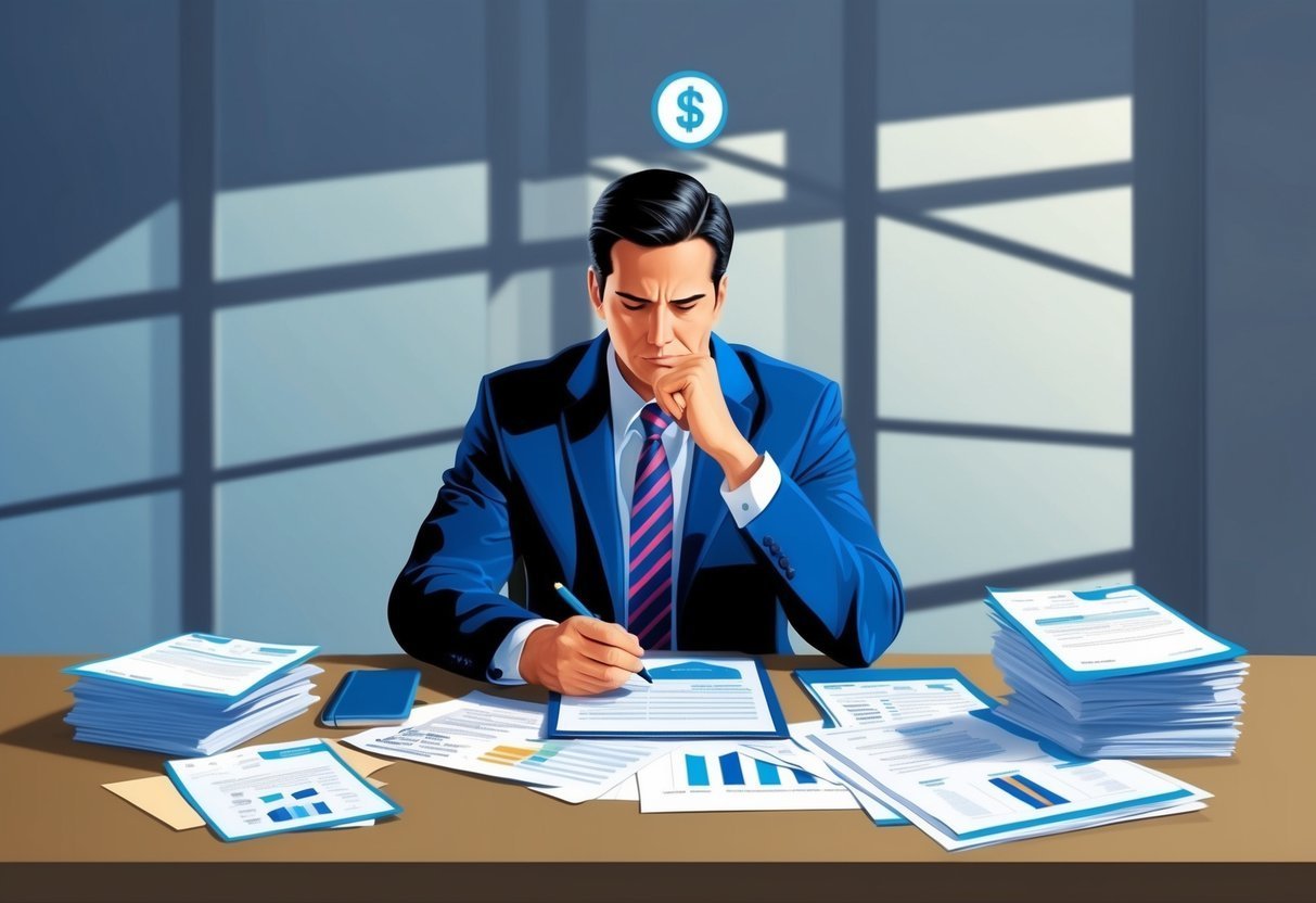 Businessman in blue suit reviews financial documents with dollar sign above