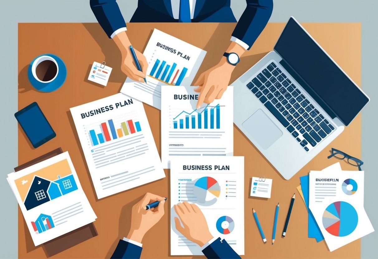 A person sitting at a desk, surrounded by papers and a laptop, writing out a business plan for real estate investment