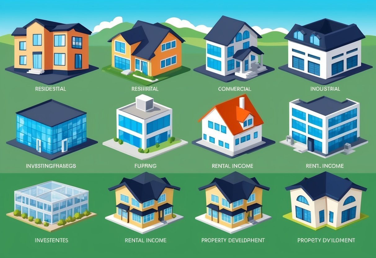 Isometric illustrations of various building types, labeled with their uses