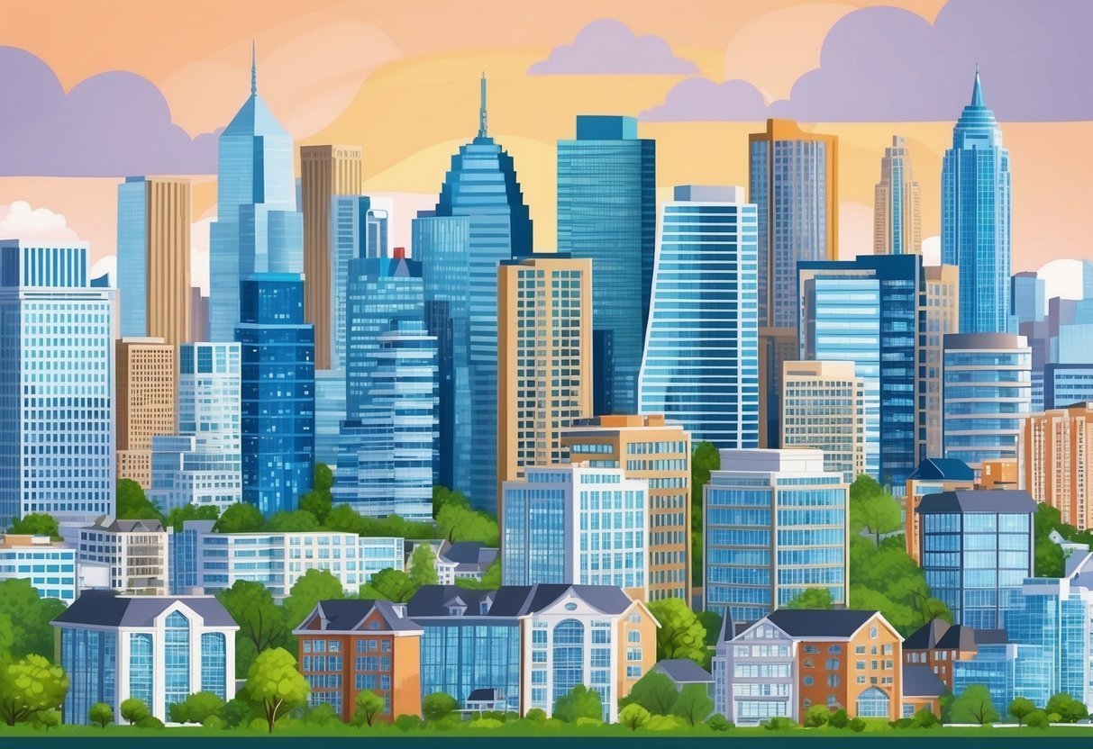 Illustration of a city skyline with skyscrapers, buildings, and trees