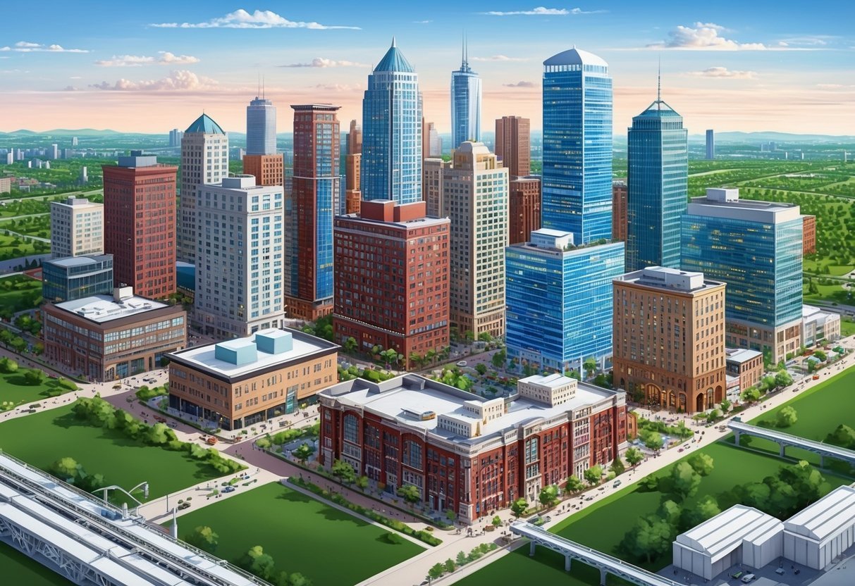 Aerial view of a city skyline with skyscrapers and green spaces