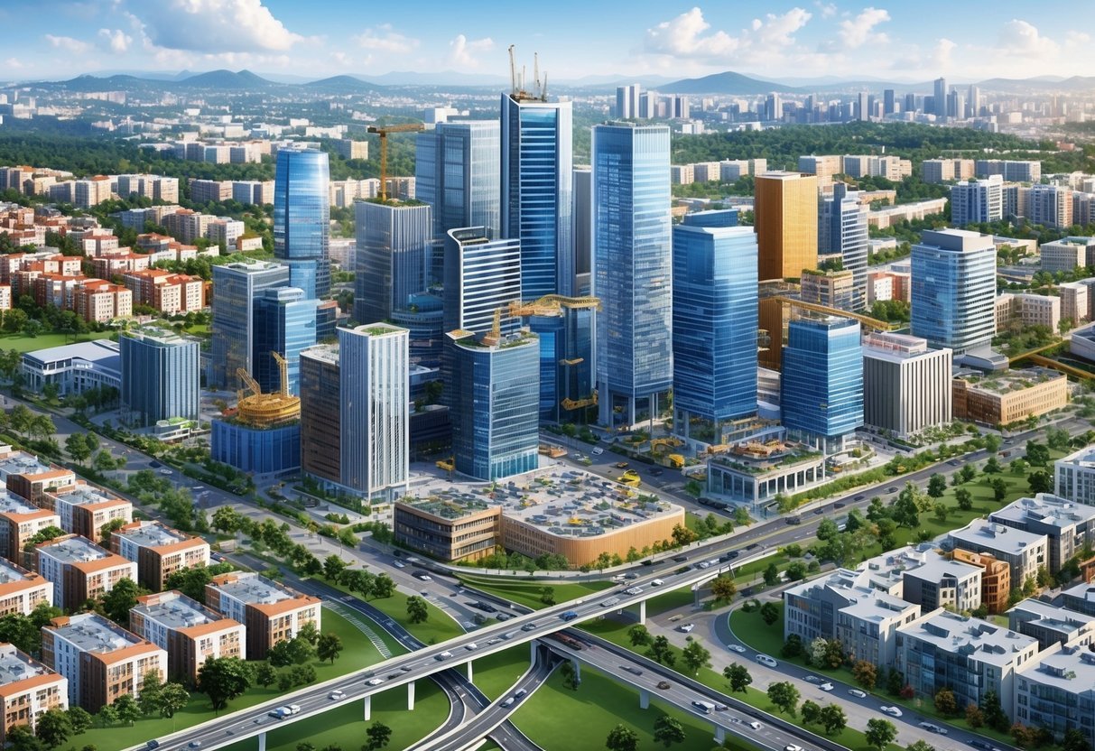 A bustling city skyline with new construction sites, modern transportation networks, and improved public amenities, surrounded by growing residential and commercial properties