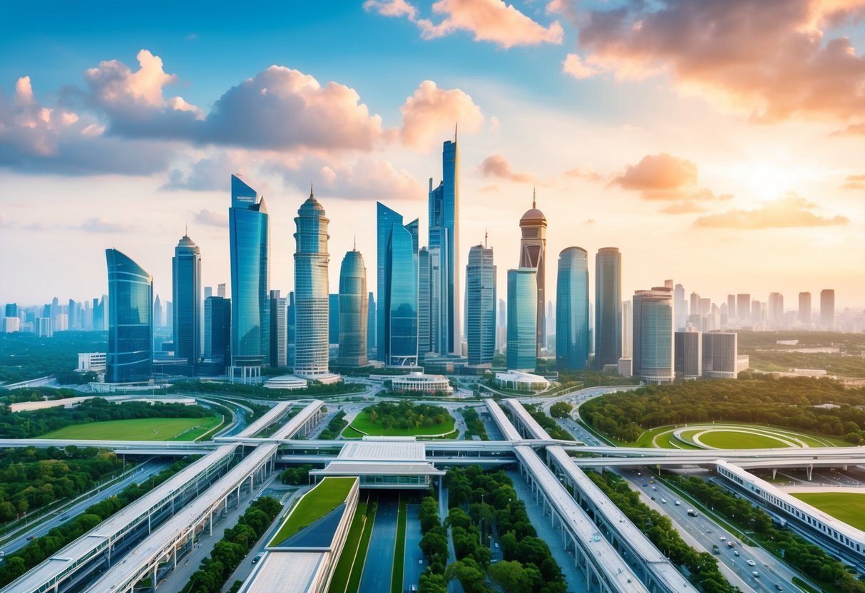 A bustling city skyline with modern buildings, infrastructure, and green spaces, symbolizing economic growth and stability in an emerging market