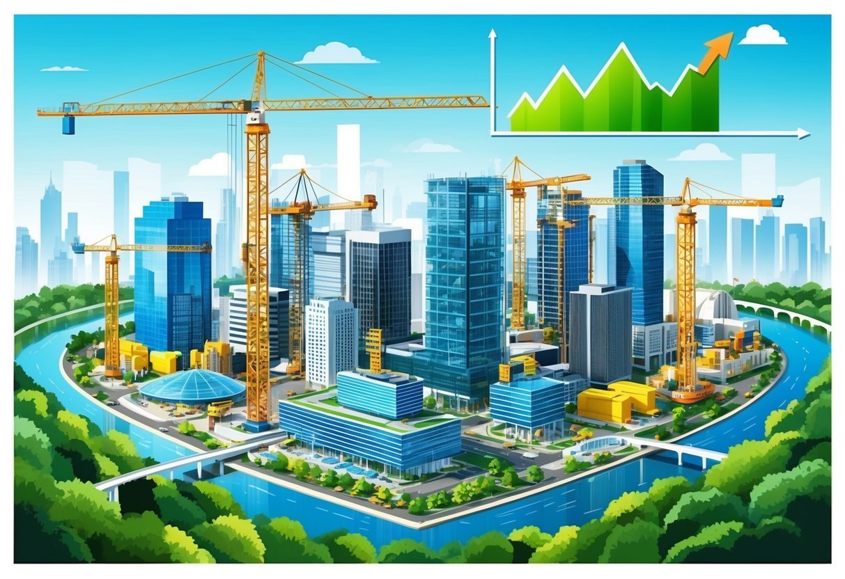 A bustling city skyline with construction cranes, modern buildings, and infrastructure development, surrounded by lush greenery and a rising stock market graph